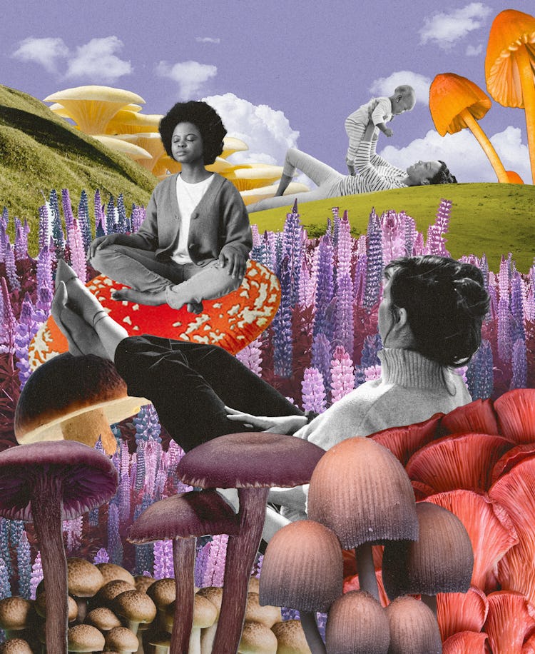 women in a field of psychedelic mushrooms