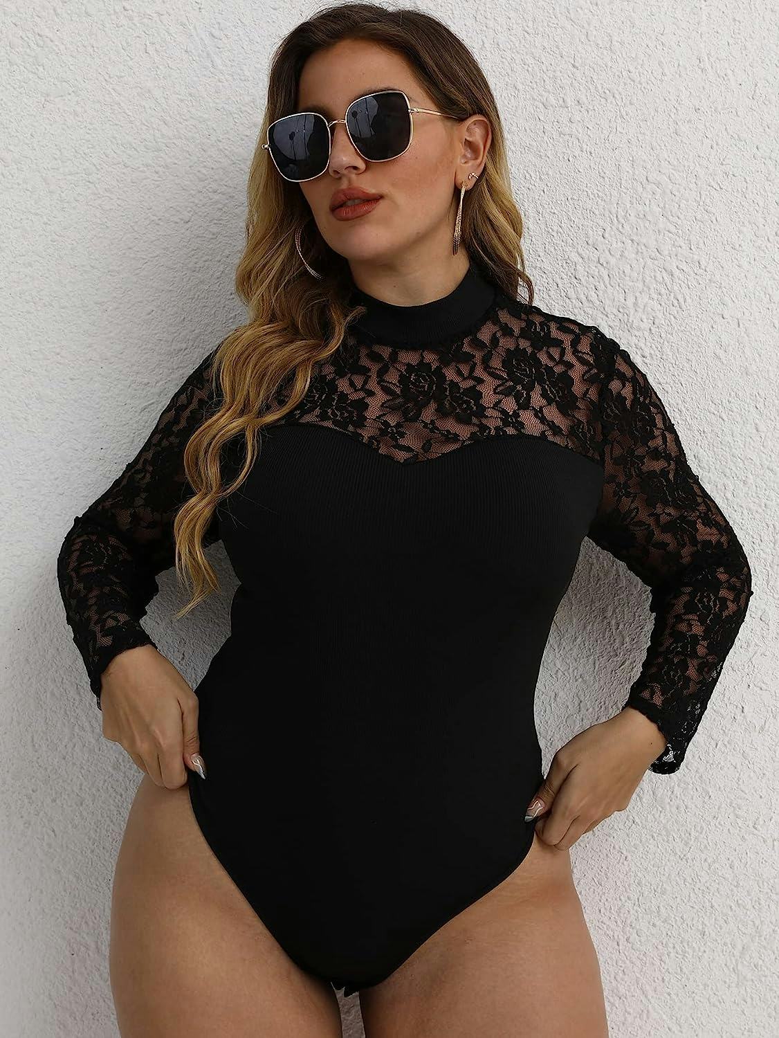 Romwe Plus Size Mesh Long Sleeve Bodysuit