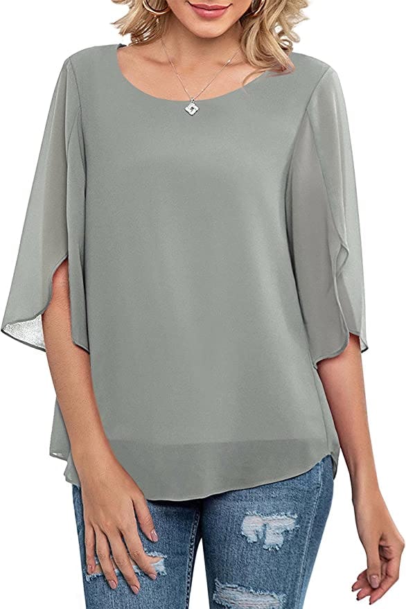 Neineiwu Scoop Neck Loose Top 3/4 Sleeve Chiffon Blouse