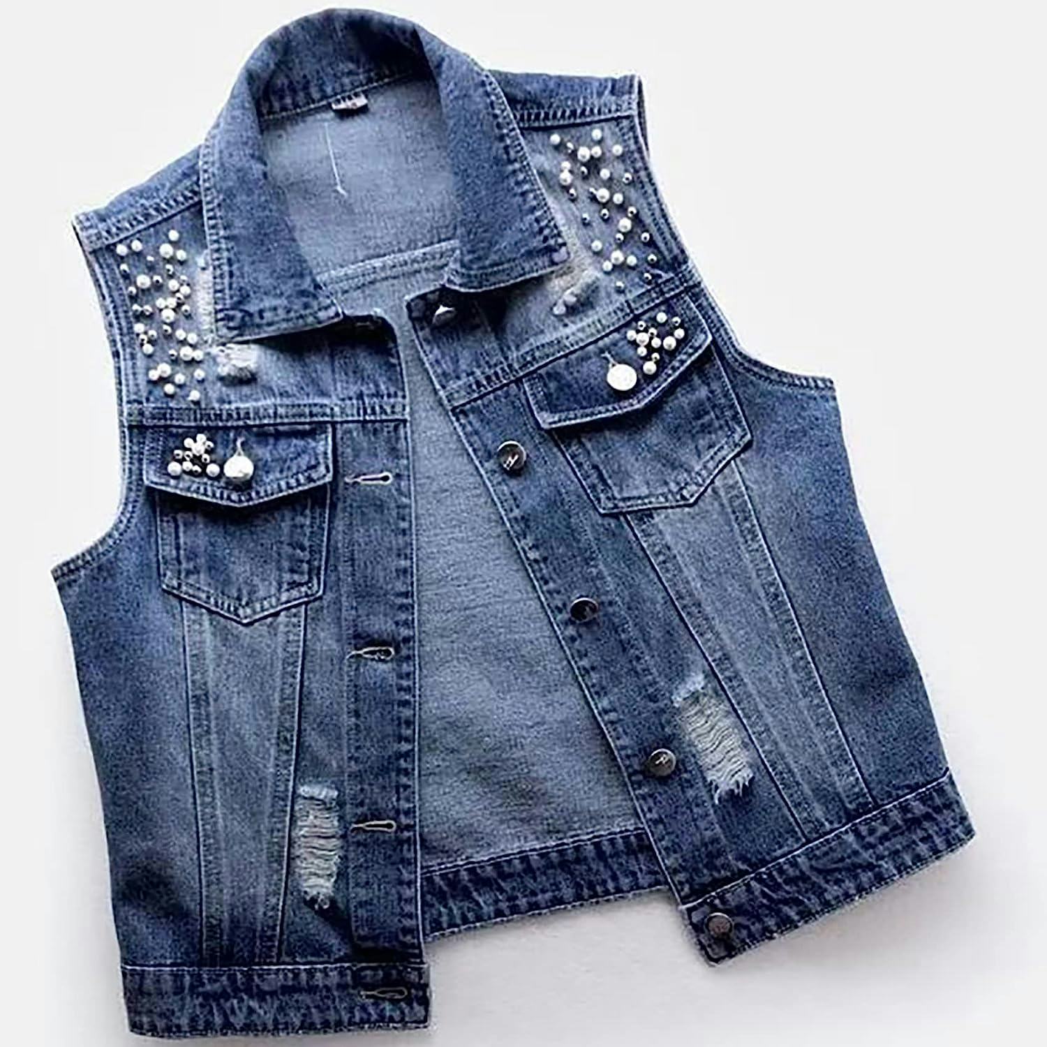JULGIRL Cropped Denim Pearl Vest