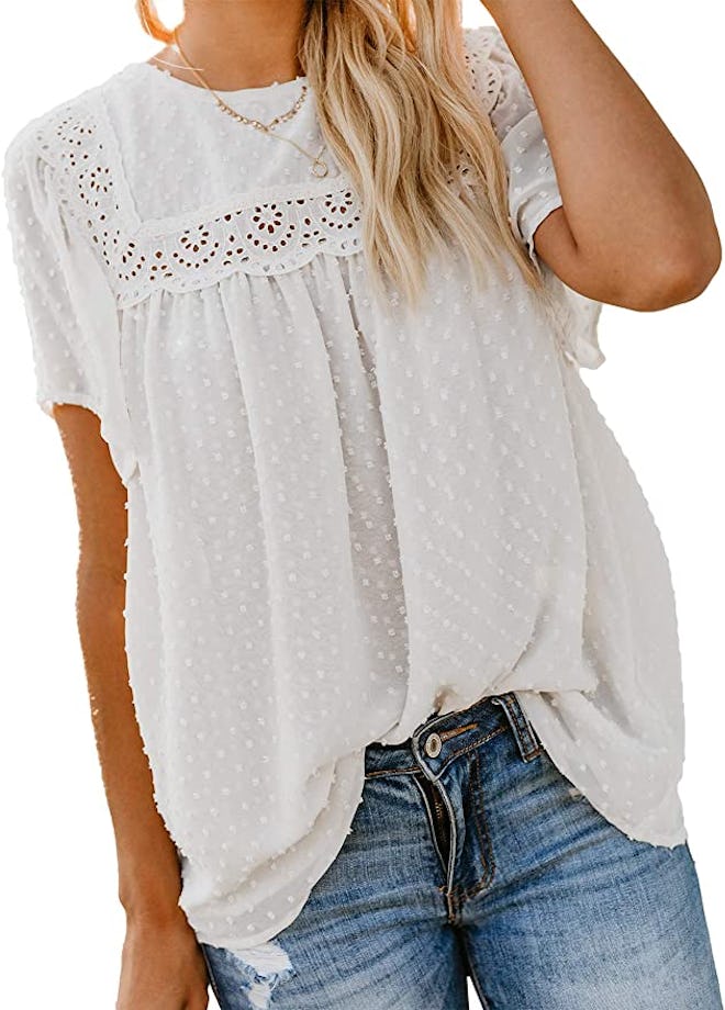 Dokotoo Womens Crewneck Lace Crochet Short Sleeve