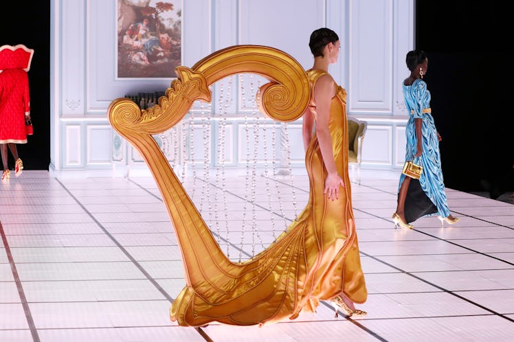 A model walks the runway at the Moschino fashion show during the Milan Fashion Week Fall/Winter 2022...