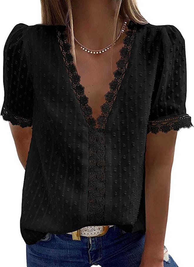 FARYSAYS Summer Lace Tops Short Sleeve V Neck Blouses