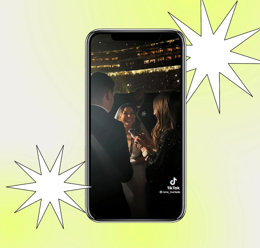Screenshot of a TikTok showing two people getting married at the Eras Tour