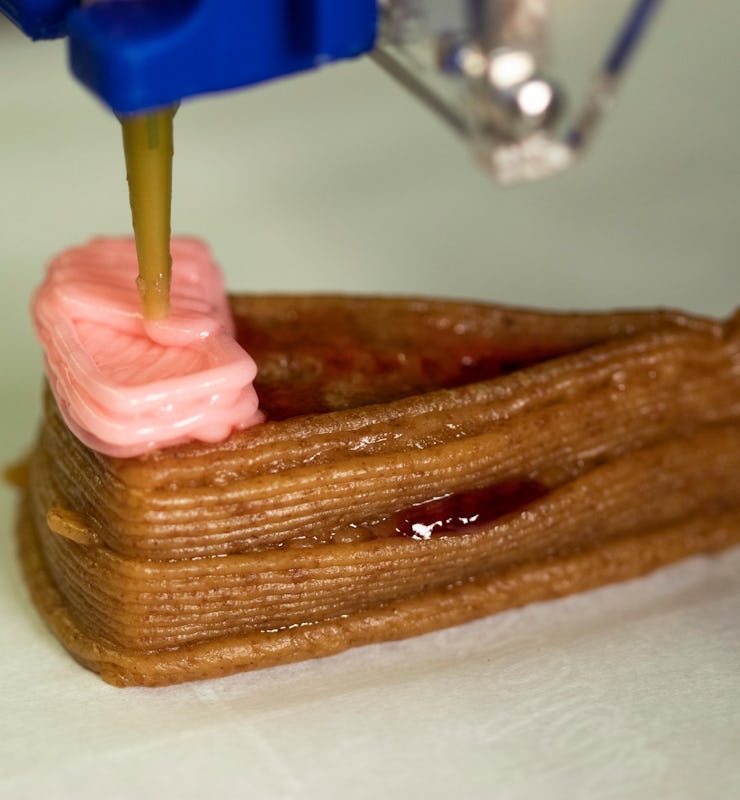 A 3D printed layer cake with a graham cracker crust and pink frosting on the top