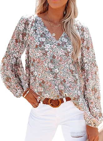 SHEWIN Women's Floral Print V Neck Long Sleeve Blouses 
