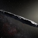 An artist's concept of a cigar-shaped, dark-hued rock drifting in space, lit by sunlight from the up...