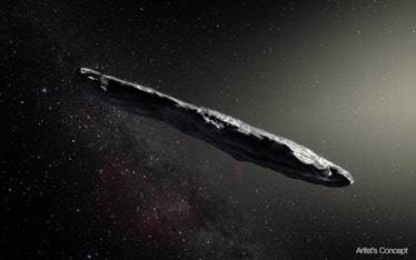 An artist's concept of a cigar-shaped, dark-hued rock drifting in space, lit by sunlight from the up...