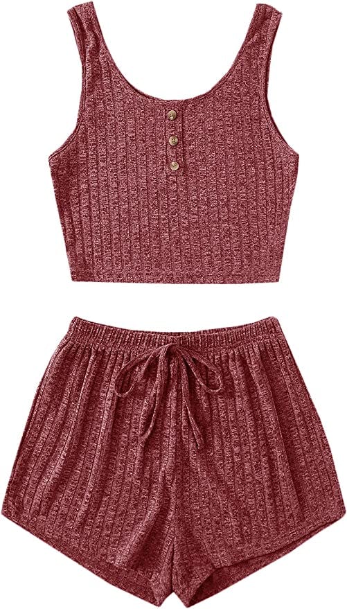 SheIn Women&rsquo;s 2 Piece Sleeveless Button Crop Tank Tops and Shorts Lounge Set