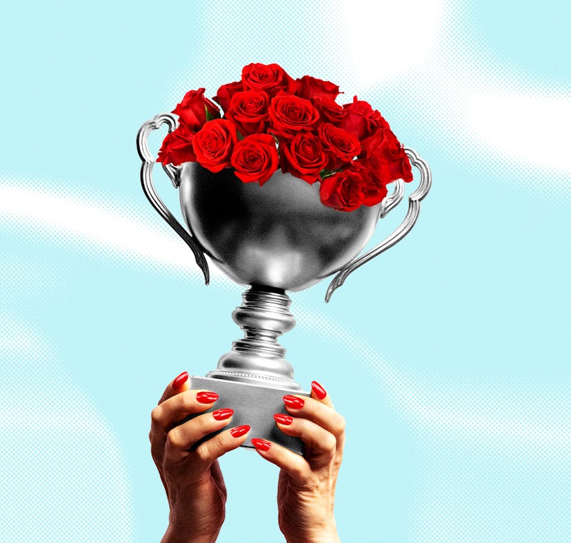 a trophy with roses to represent how the bachelor makes love a competition