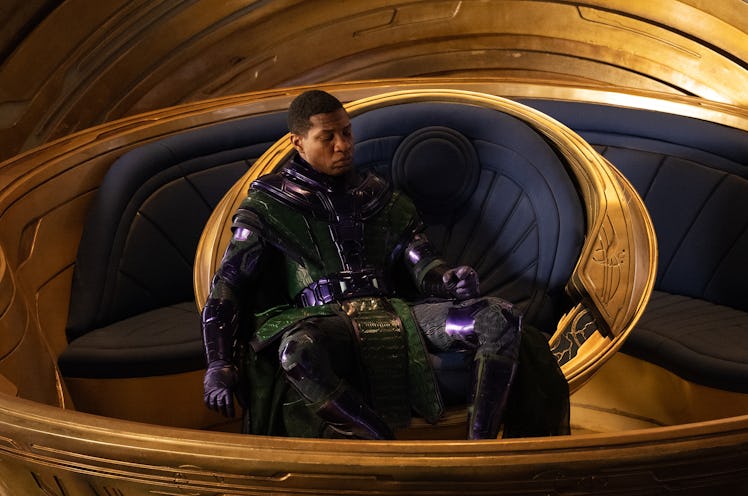 Kang the Conqueror (Jonathan Majors) sits on a throne in Ant-Man and the Wasp: Quantumania