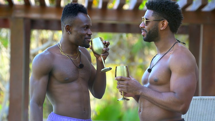 Kwame Appiah and Brett Brown talk in 'Love Is Blind' Season 4 at a cast pool party after their engag...
