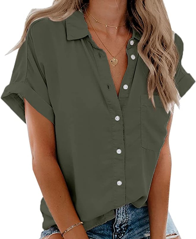 Beautife Short Sleeve Shirts V Neck Collared Button Down 