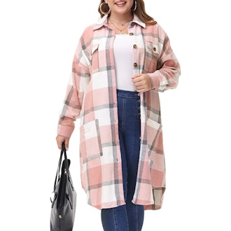 This duster-length flannel shacket is a cozy addition to your transitional wardrobe.