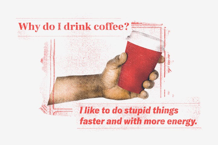 A hand holding a red Styrofoam cup captioned with a joke about coffee.