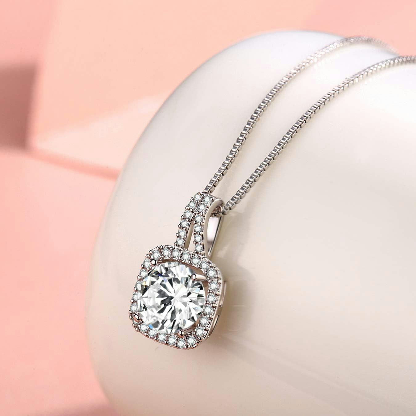 SBLING Cubic Zirconia Cushion Shape Halo Pendant Necklace