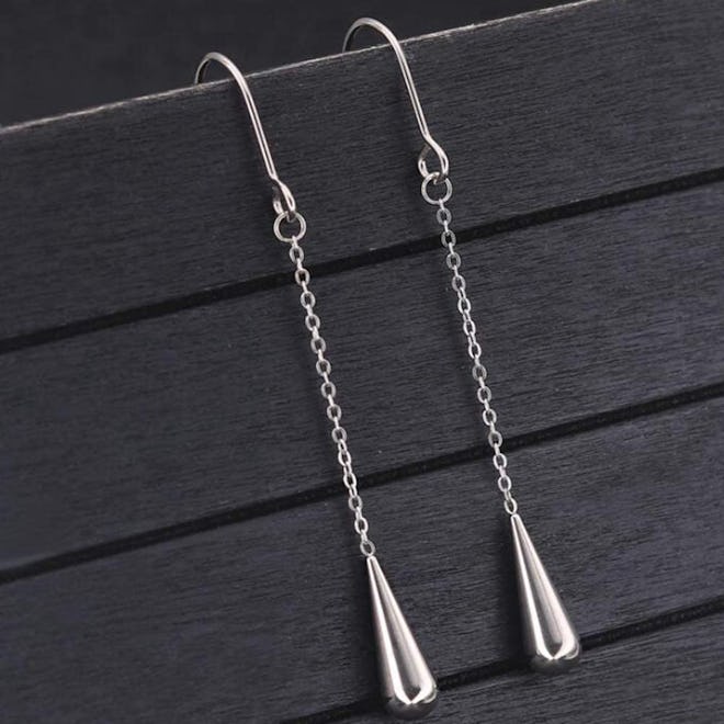 Stainless Steel Water Drop Long Tassel Dangle Earrings