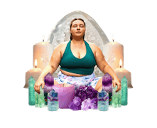 a woman meditating and clearing her energy with crystals and candles