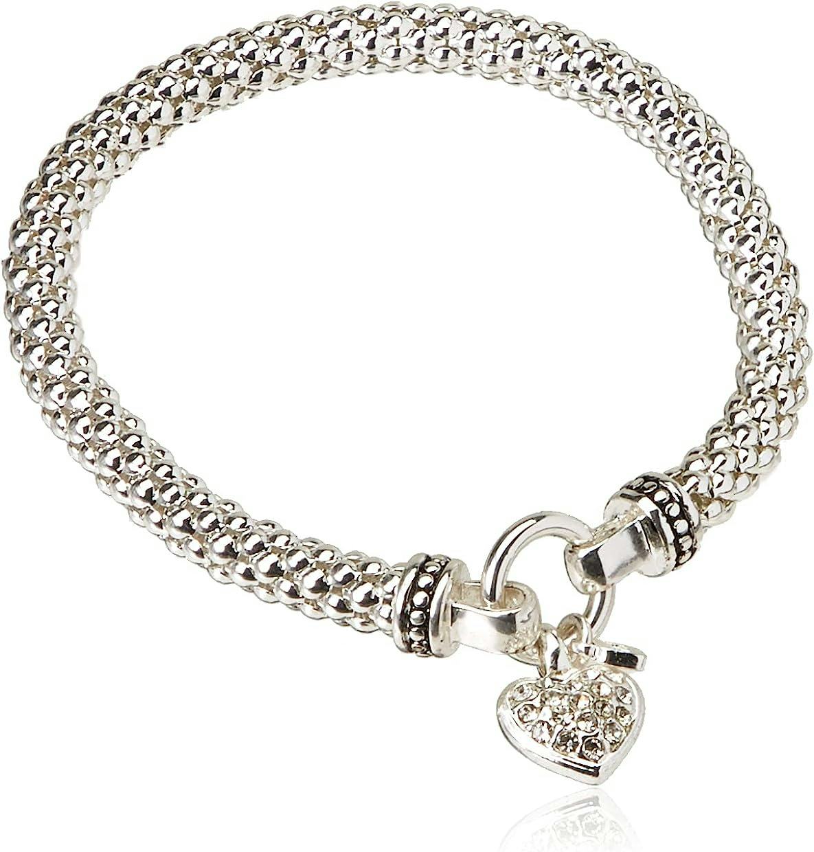 NINE WEST Silvertone Crystal Pave Heart Stretch Bracelet