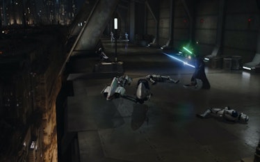 Kelleran fighting off Clone Troopers with two lightsabers.