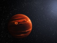 A gas giant planet with streams of hot gas that makes stripes in the cloud tops. In the far distance...