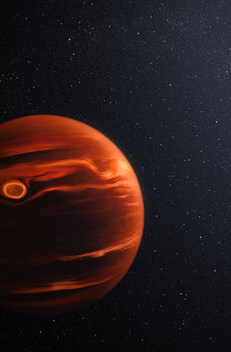 A gas giant planet with streams of hot gas that makes stripes in the cloud tops. In the far distance...