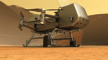 a small rotocraft sitting on a planetary surface with hills in the background and a yellow sky