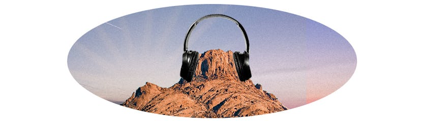 An illustration of headphones on a mountain, for Advice For When Your Baby Won’t Let You Put Them Do...