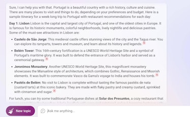 Bing's itinerary for a trip to Portugal.