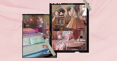 The Miamicore home aesthetic uses pastel colors, gold accents, and vintage motifs