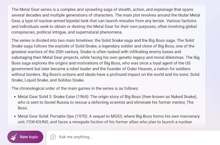 Bing's explanation of the plot of the Metal Gear games.