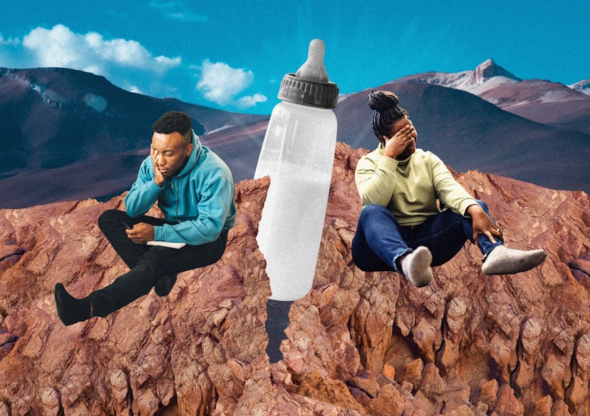 Collage of a couple sitting on a rocky mountainside, separated by a canyon with a giant baby bottle ...