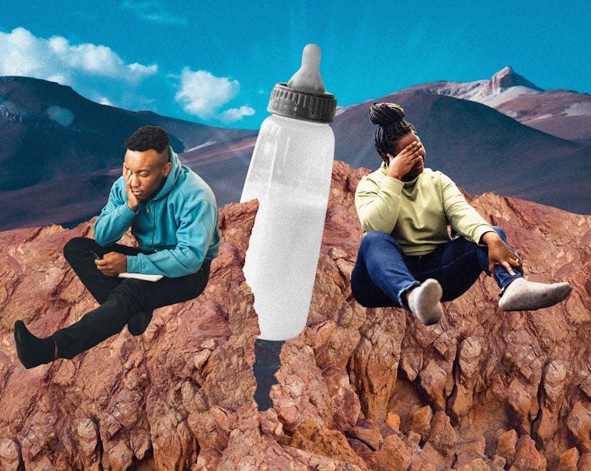 Collage of a couple sitting on a rocky mountainside, separated by a canyon with a giant baby bottle ...