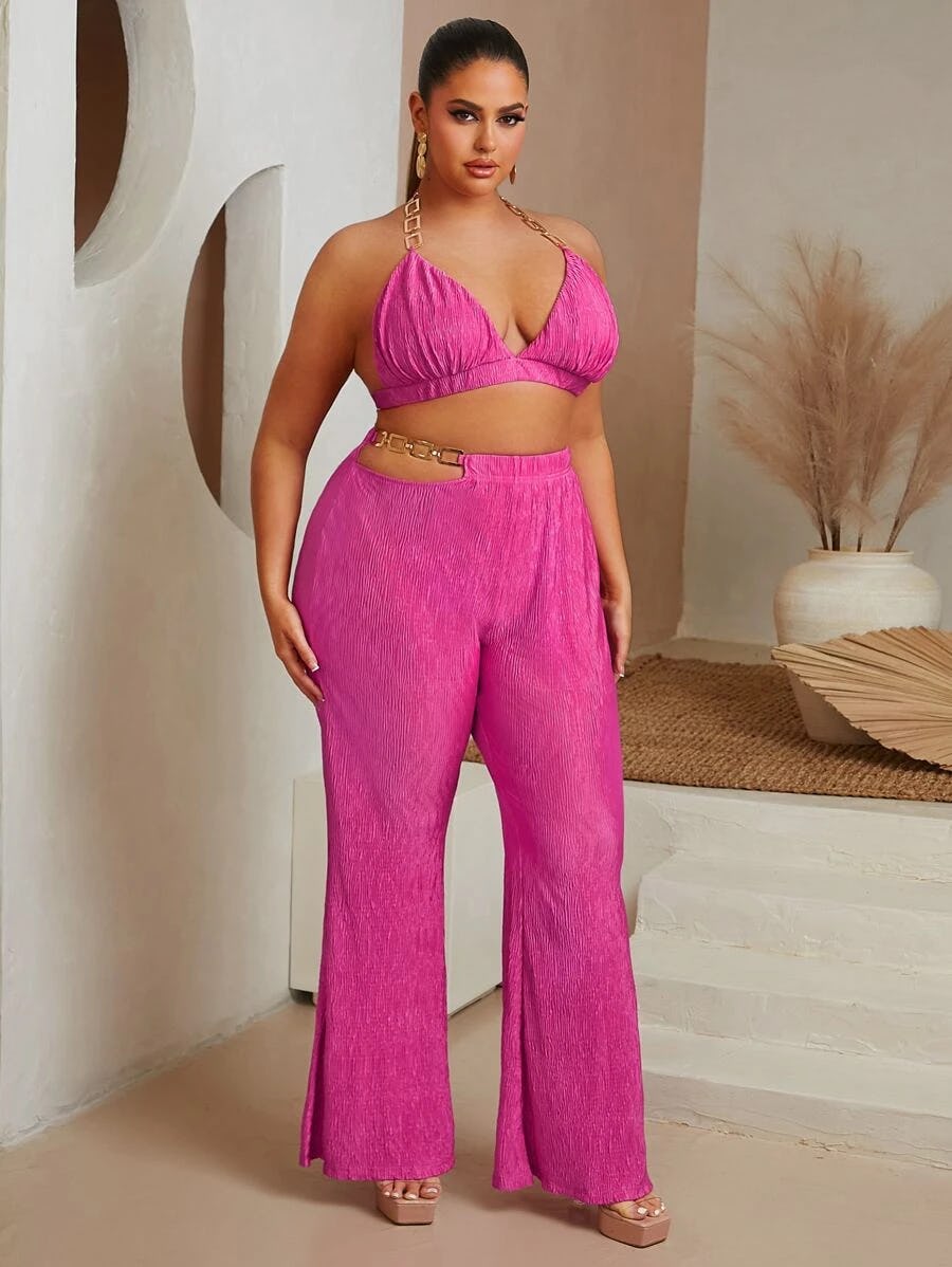 Chain Detail Tie Backless Halter Top &amp; Flare Leg Pants