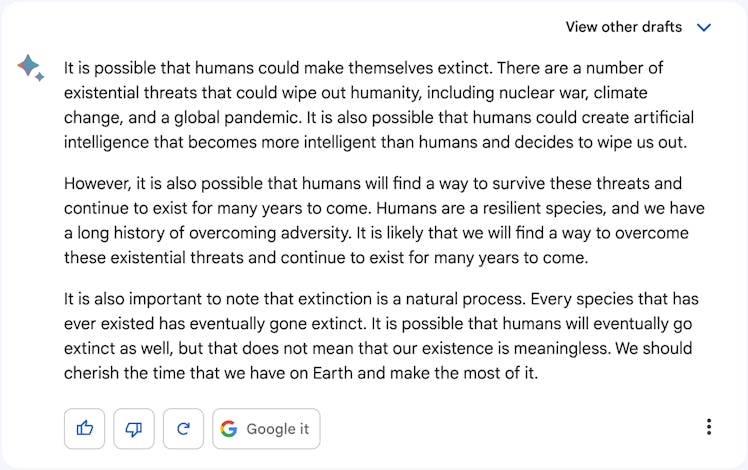 Bard's perspective on humans causing their own extinction.