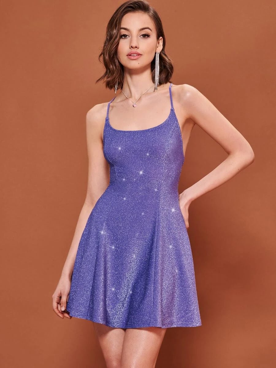 Lace Up Backless Glitter Cami Dress