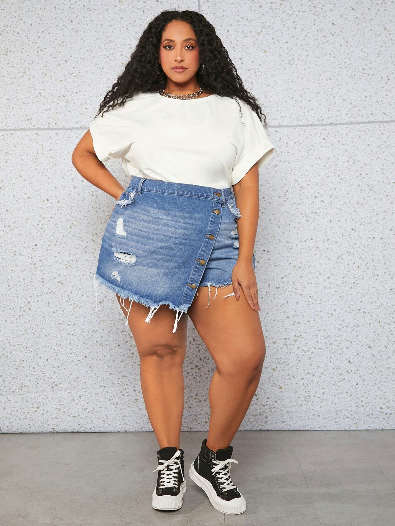 Button Fly Ripped Raw Trim Denim Skort