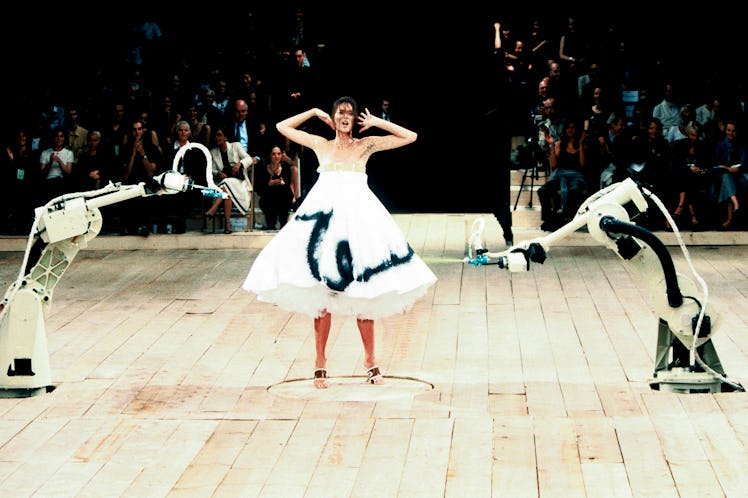 Shalom Harlow the runway during the Alexander McQueen Ready to Spring/Summer 1999 fashion show as pa...