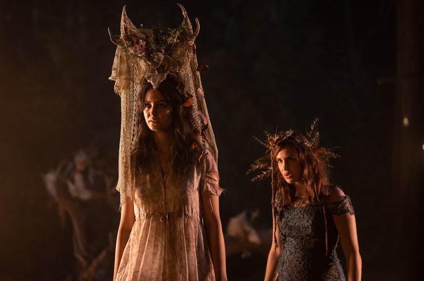 Courtney Eaton as Teen Lottie and Sophie Nelisse as Teen Shauna in ‘Yellowjackets’ Season 1, Episode…