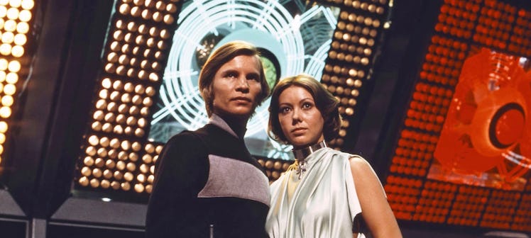 Actors Michael York and Jenny Agutter star in the dystopian science fiction film 'Logan's Run', 1976...