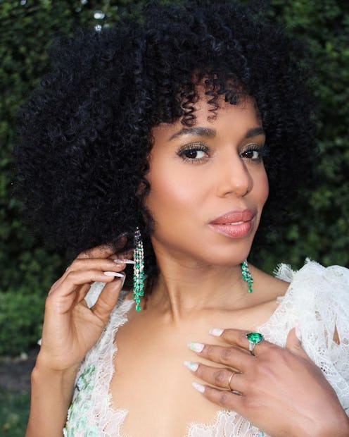 Kerry Washington natural curls and white manicure