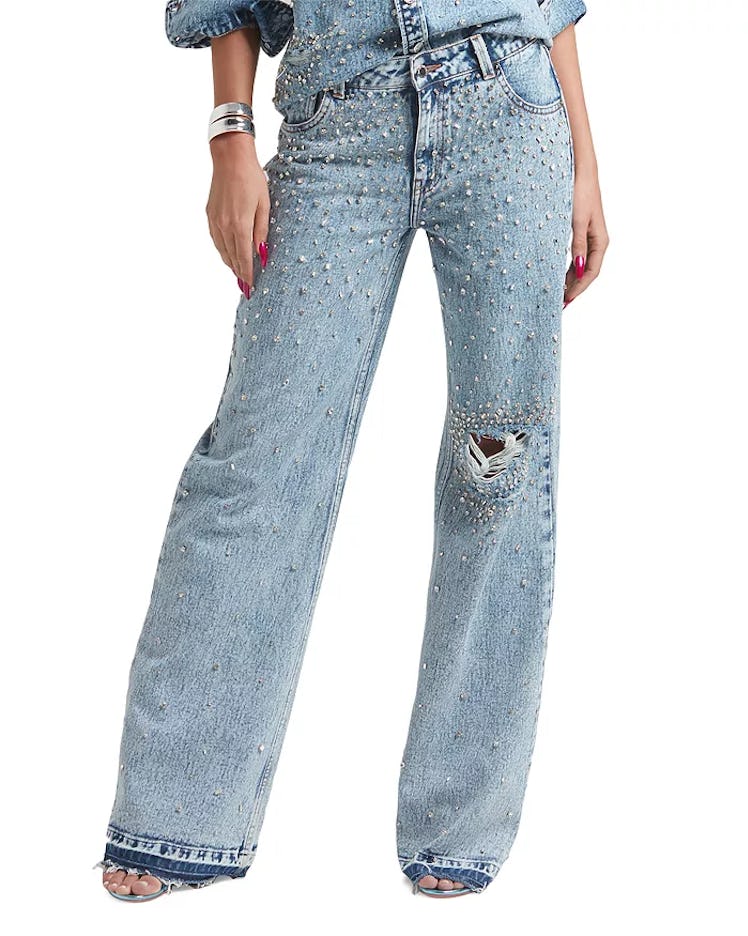 Bronte Crystal Embellished High Rise Wide Leg Jeans in Arctic Cry