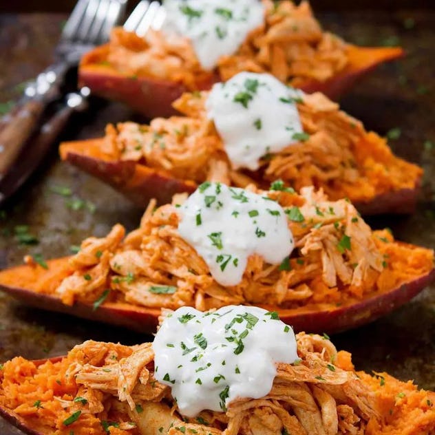buffalo chicken stuffed sweet potatoes