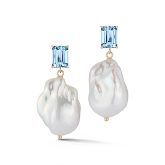 14kt Blue Topaz and Baroque Pearl Drop Earrings