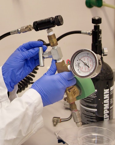 An individual wearing blue gloves holds up a spraying device connected to a pressure system