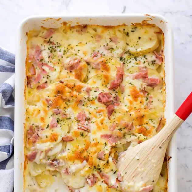 Scalloped potatoes with ham in a list of leftover ham recipes