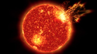 color image of Sun on a black background with a flare arcing off toward the top right.