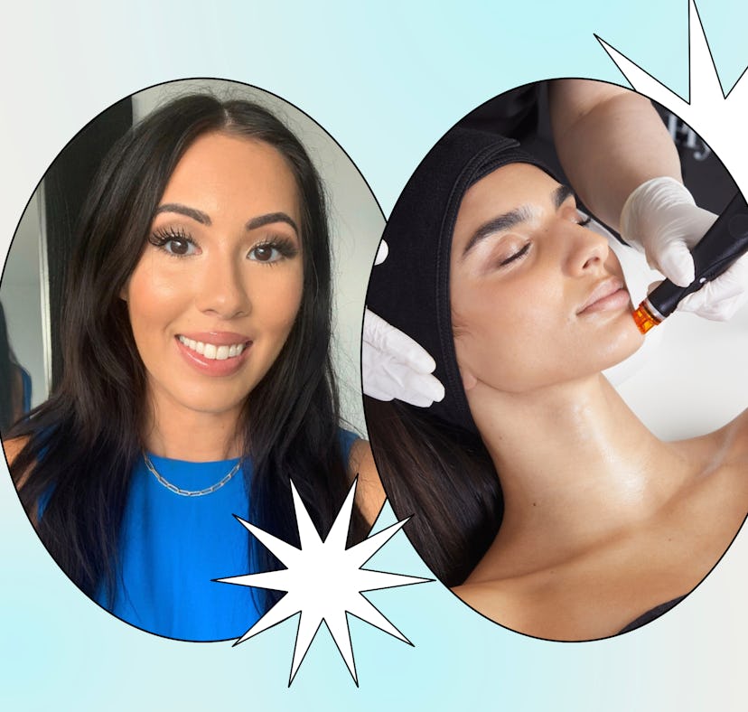 A woman gets a hydrafacial treatment at a spa.