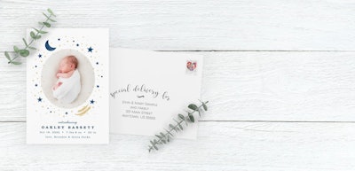 moon and stars birth announcement card