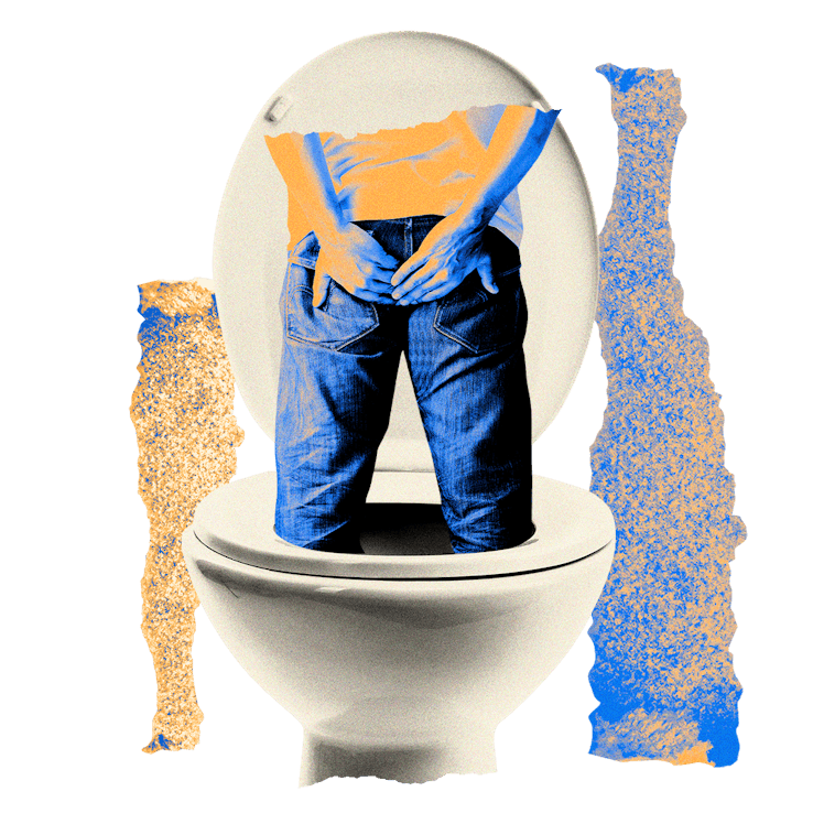 Collage of a man standing in a toilet and holding his butt.
